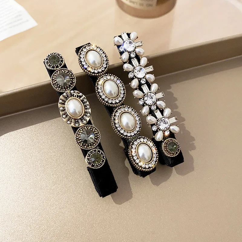 Baroque Diamond Rhinestone Pearl Barrettes For Women Boutique Korea Fashion Palace Style Crown Long Hair Clips Vintage Hairpins