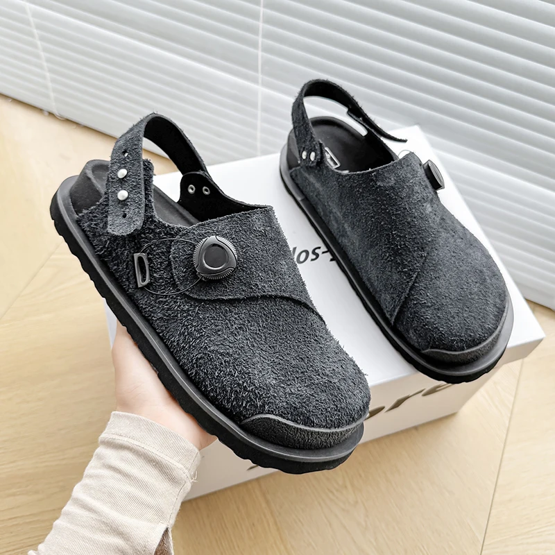 

Slides Sandal Half Shoes for Men Women Couple Mules Suede Leather Loafers Slippers Open-back Casual Shoes Backless Slip On Flats