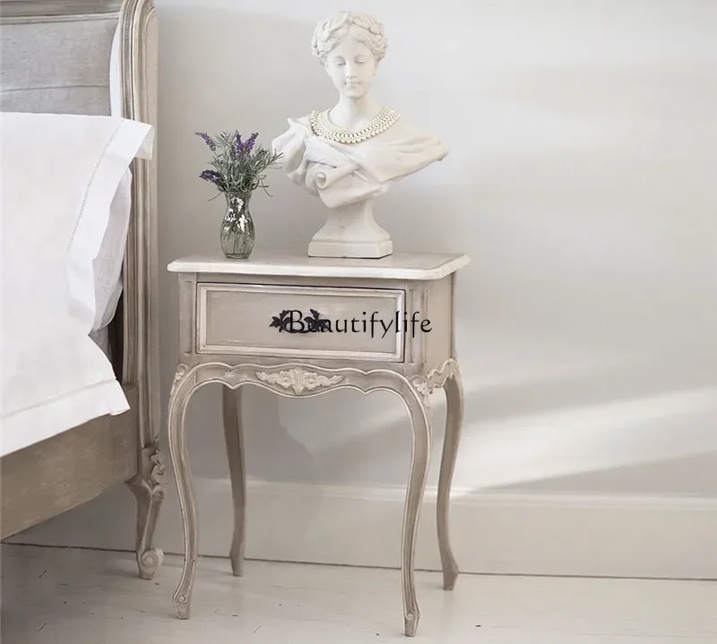 

LJYFrench retro solid wood carving flower bedside table, American country master bedroom villa bedside table