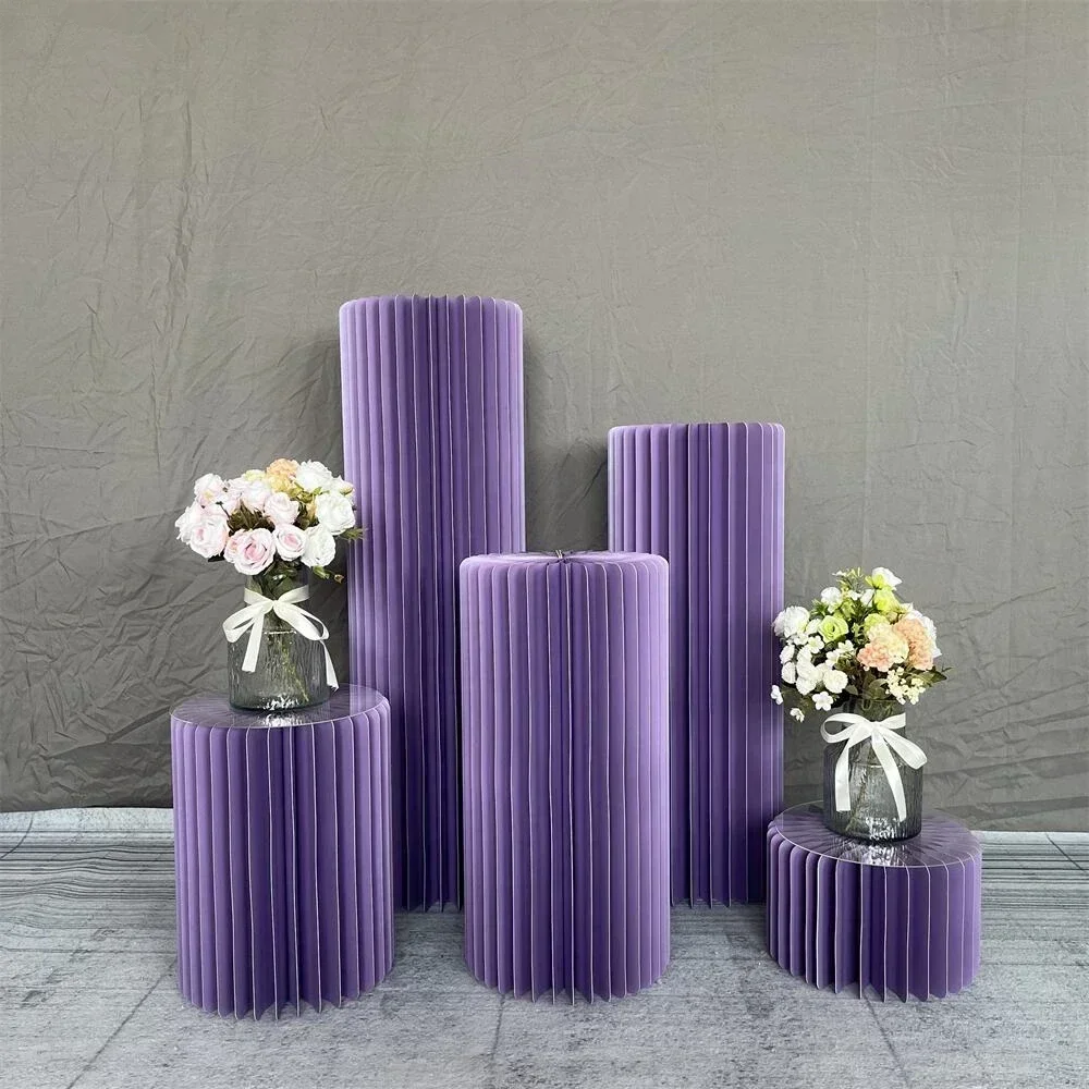 Round Foldable Paper Columns Display Pedestal Stands with Acrylic Disc Cylinder Centerpiece Cake Stands for Wedding Party Decor