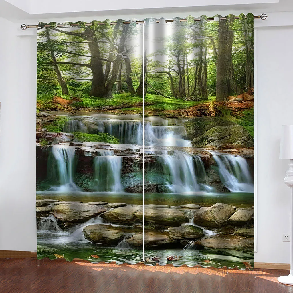 Curtains For Houses Rooms 3D Digital Printing Woods Waterfall Landscape Children'S Room Blackout Curtains Decorations