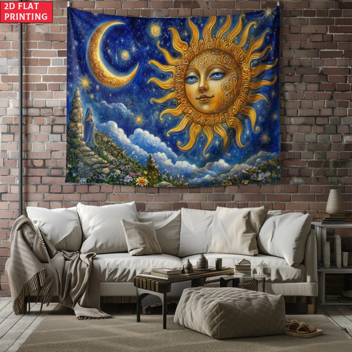 Sun Moon Celestial Sky Tapestry Cosmic Art Wall Hanging Astral Decor Bohemian Room Decor Spiritual Art Print