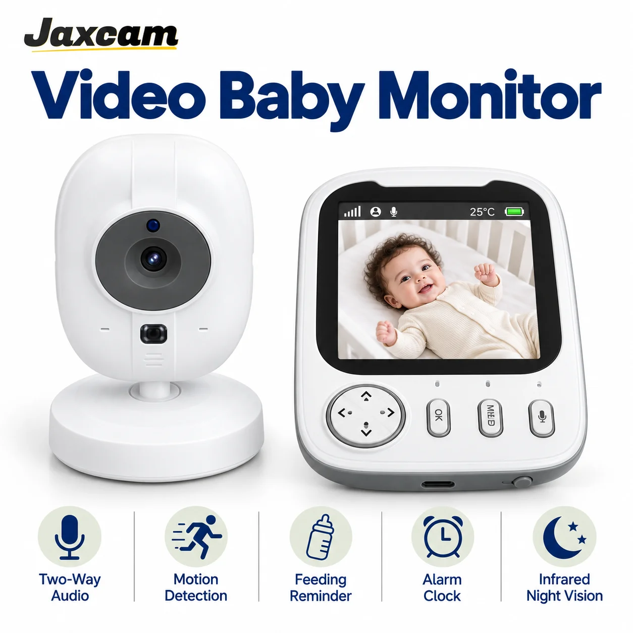 Baby Monitor 3.5 Inch Color LCD 720P IR Night Vision  Alarm Clock Two‑Way Audio Temperature Detect Feeding Reminder Baby Camera