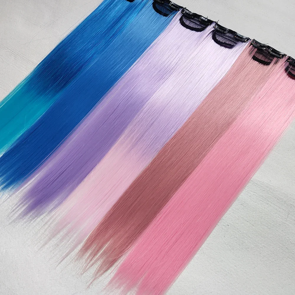 Synthetic Multicolored Clip-in Hair Extension for Women 5Pack Long Straight Highlight Hairpiece for Cosplay Party Dress