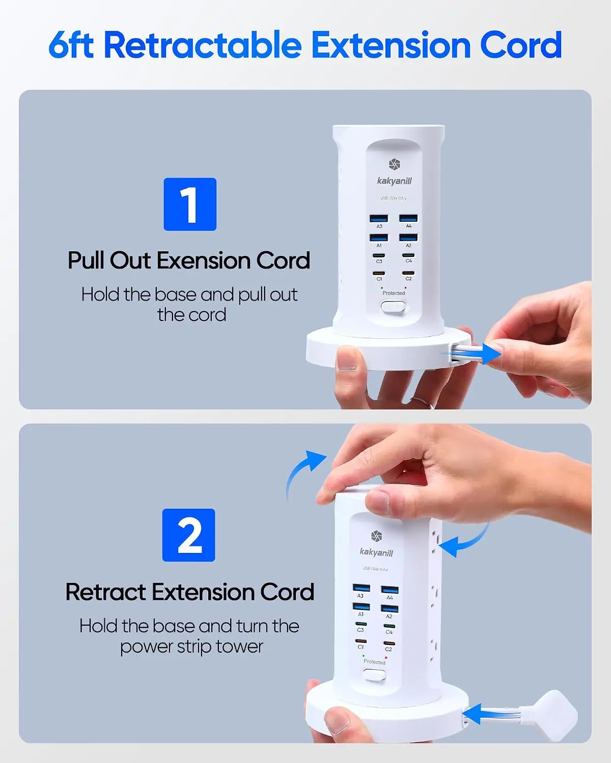 Power Strip Tower, PD 65W Charging Station 9 AC Outlets 8 USB