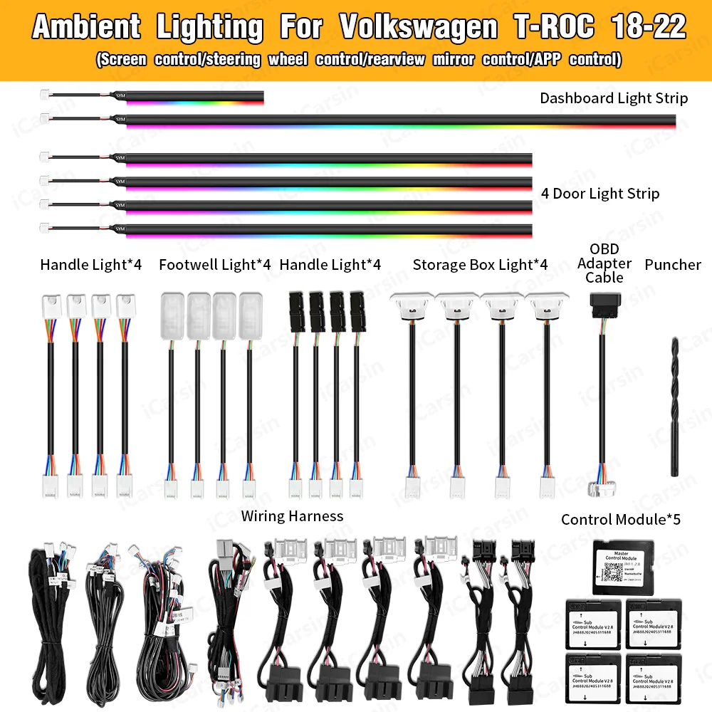 For T-ROC 2018-2022 HMI Screen Control Internal Light Emitting Diode Lighting Upgrade Accessory Kit Dynamic Control Ambient