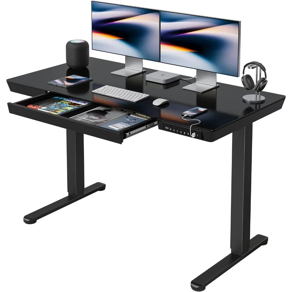 48 × 24 Electric Standing Desk with Drawers, Whole-Piece Glass Adjustable Height Desk, One-Piece Quick Install Adjustable