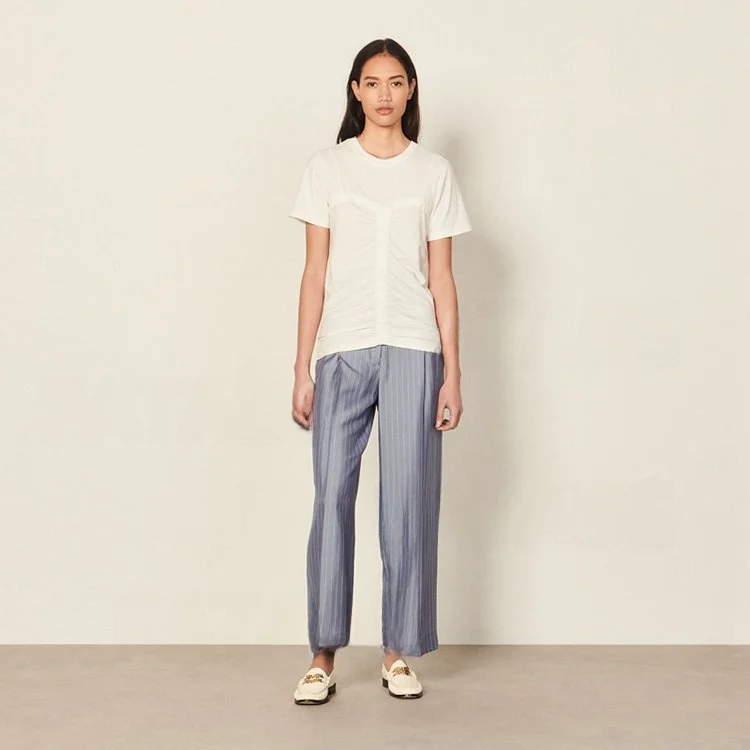 シンプルな無地プリーツカジュアル通気性コットンTシャツ レディースファッション 春夏新作 ラウンドネック シンプル