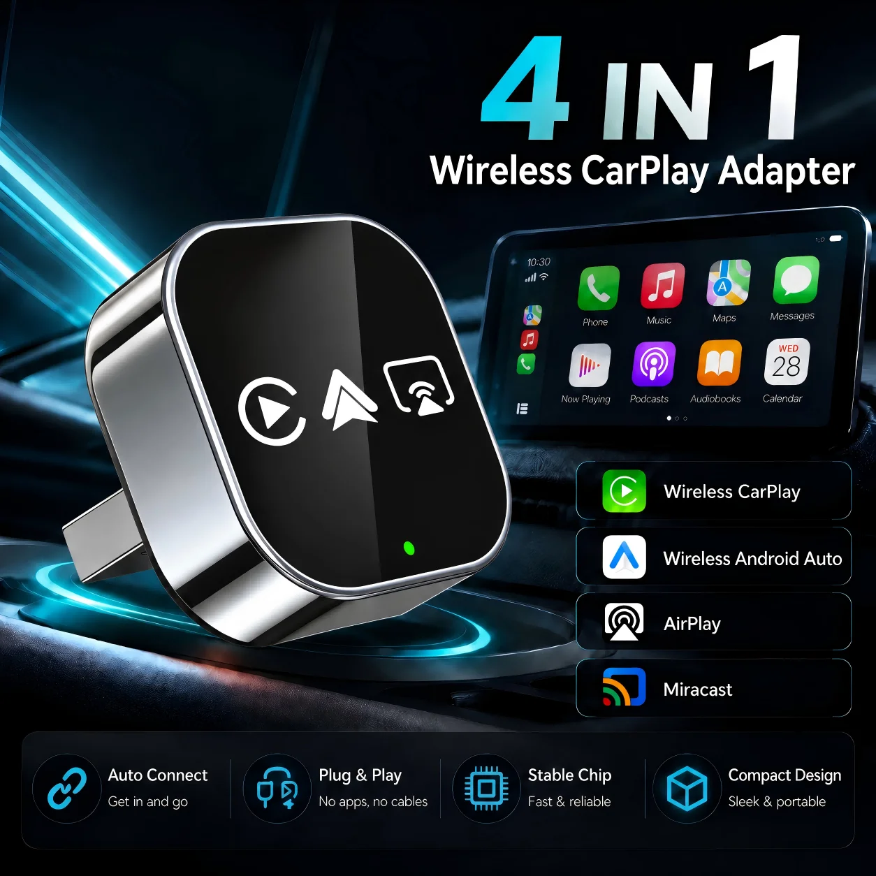 Image of 4-in-1 Smart Car Dongle Kabelloser CarPlay & Android Auto Adapter Kabelgebunden zu Kabellos Konverter AirPlay Miracast Bildschirmspiegelung