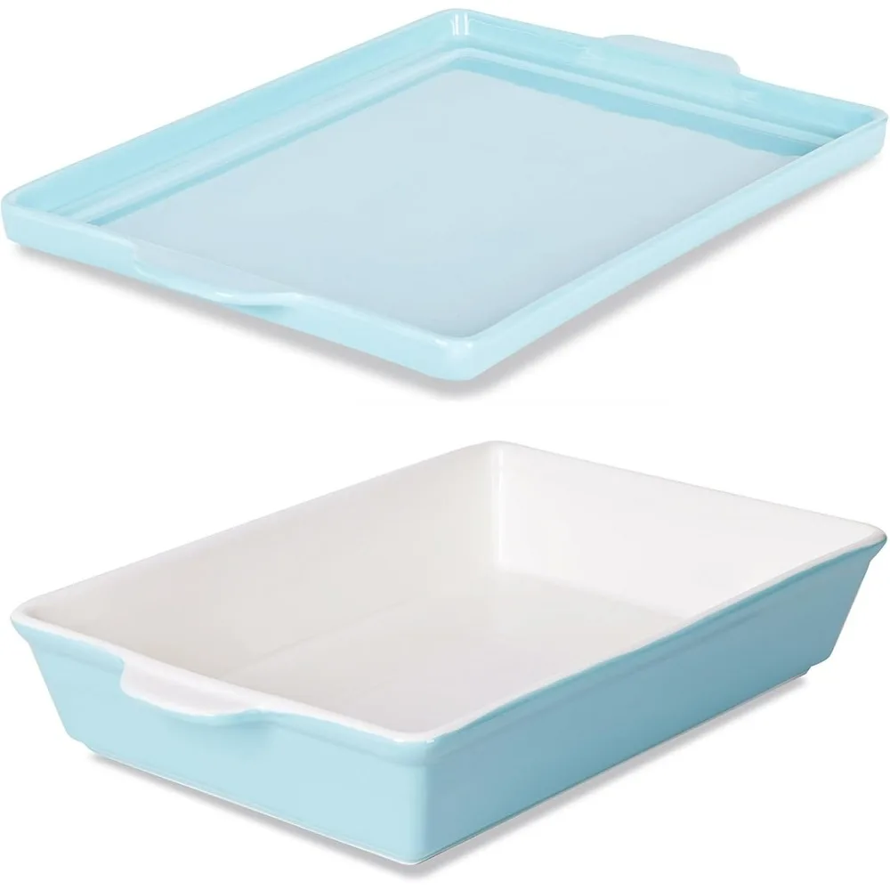 

Porcelain Bakeware Set, Ceramic Casserole Dish with Pan Lid, 16 Inch Rectangular Baking Dish, Dishwasher Safe, Turquoise