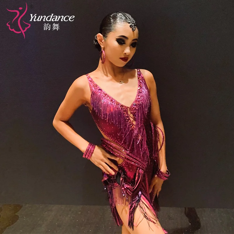 K-340 Latin Dance Dress Competition Dresses Costumes Skirt Performing Rhinestones Adult Children Tassel dress Various color