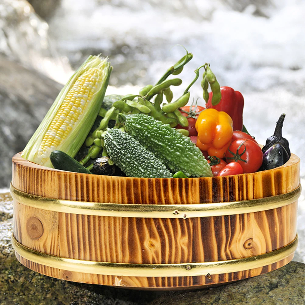 Cubo de madera Vintage para Sushi, tazón de arroz, contenedor para mezclar alimentos, superficie lisa, textura Natural, Bibimbap para condimentos, 1 ud.
