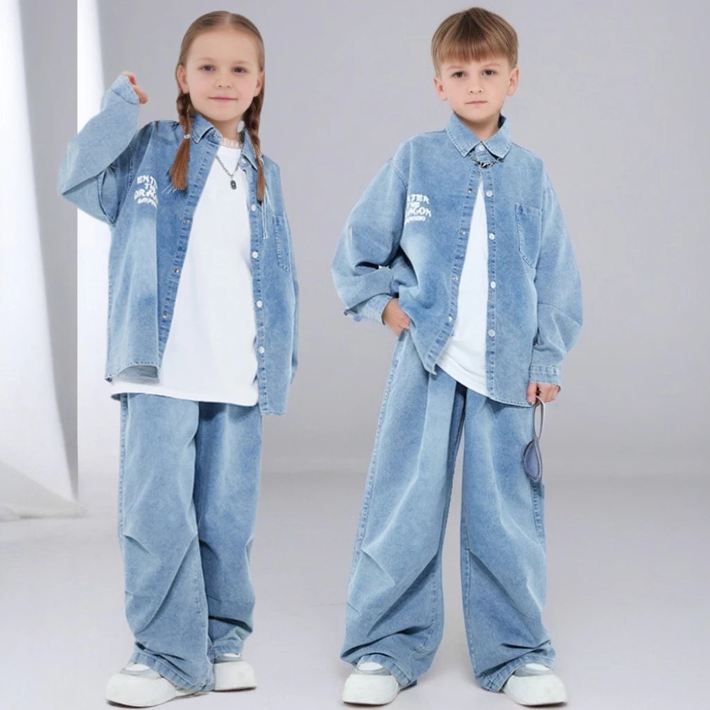 

Kids Hip Hop Dance Outfits– Denim Jacket & jeans Set Boys Girls Jazz Streetwear Performance Costume for Show Party 4-18 years