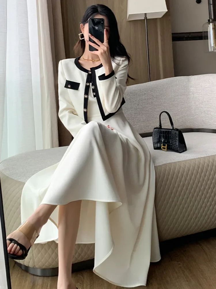 Elegant Lady Fashion Two Piece Dress Sets Autumn New  Short Jacket Coat 2 Piece Set Women Sexy Strapless Mid-length Dress Suits