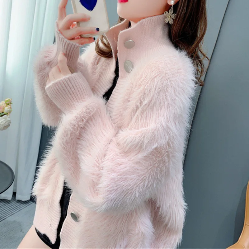 #4310 White Pink Khaki Mink Cashmere Cardigan Coat Women Stand Collar Warm Knitted Mohair Cardigan Female Slim Single Breasted