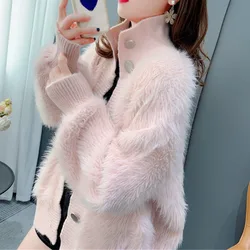 #4310 White Pink Khaki Mink Cashmere Cardigan Coat Women Stand Collar Warm Knitted Mohair Cardigan Female Slim Single Breasted