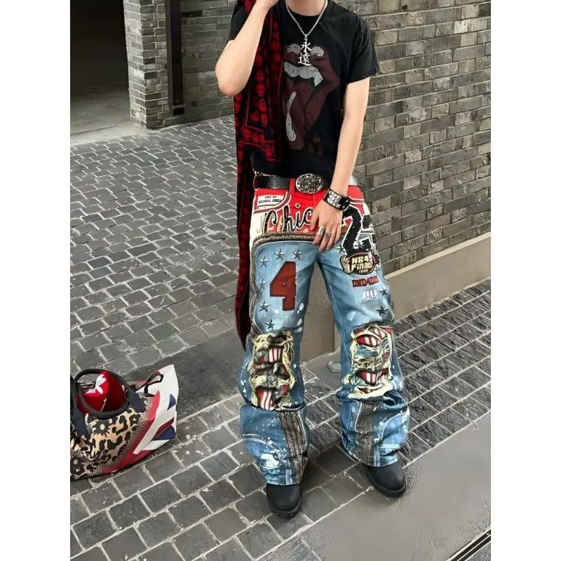 Men's Fashionable Printed Patterns Retro Pants Y2K High Waist 90S Unisex Trousers Summer Boys Bottom Male Wide Legs Sweatpants
