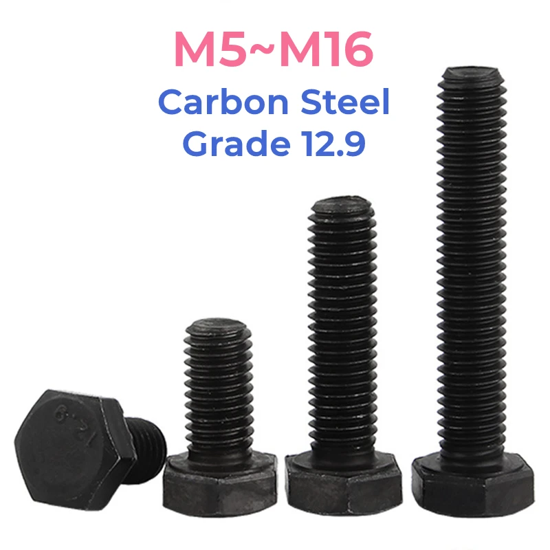 Grade 12.9 High Strength Black Carbon Steel Full Thread External Hexagon Head Screw M5 M6 M8 M10~M16 Outside Hex Head Bolt