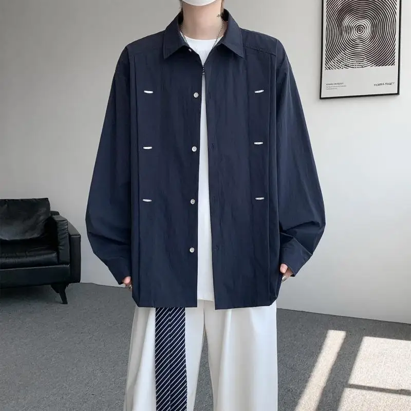 Men's Minimalist Long Sleeve Shirt Drop Shoulder Metal Label Detail Loose Fit Casual Streetwear Button Down Top 2026 Clothings