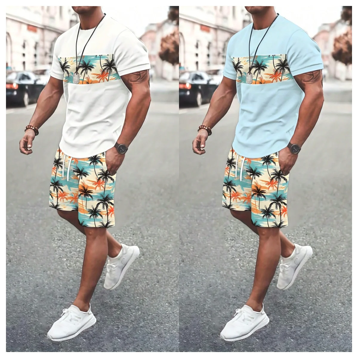 

Tropical Coconut Tree Print Men's Two-piece Set, Casual Round Neck Short-sleeved 3D T-shirt and Drawstring Shorts Set