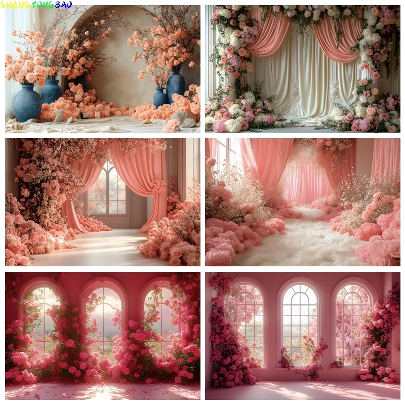 

Pink Red Rose Floral Wedding Portrait Photography Backdrop Spring Flower Window Kids Girl Birthday Party Decor Photo Backgrounds