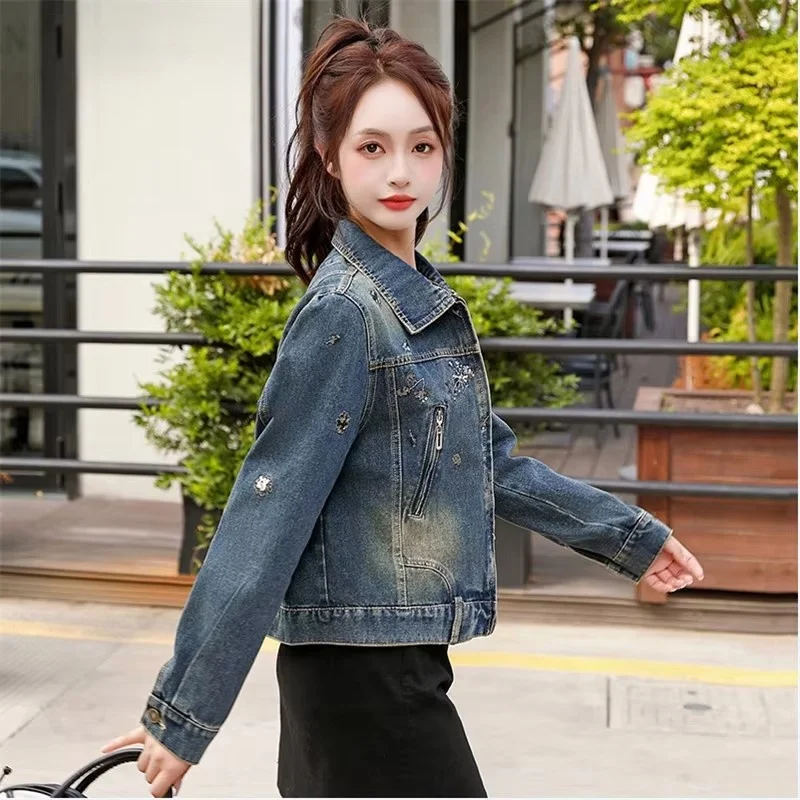 Vintage Women Clothes Spring Denim Jacket Embroidery Coat Casual Streetwear Ladies Retro Sequin Splice Short Cowboy Outwear