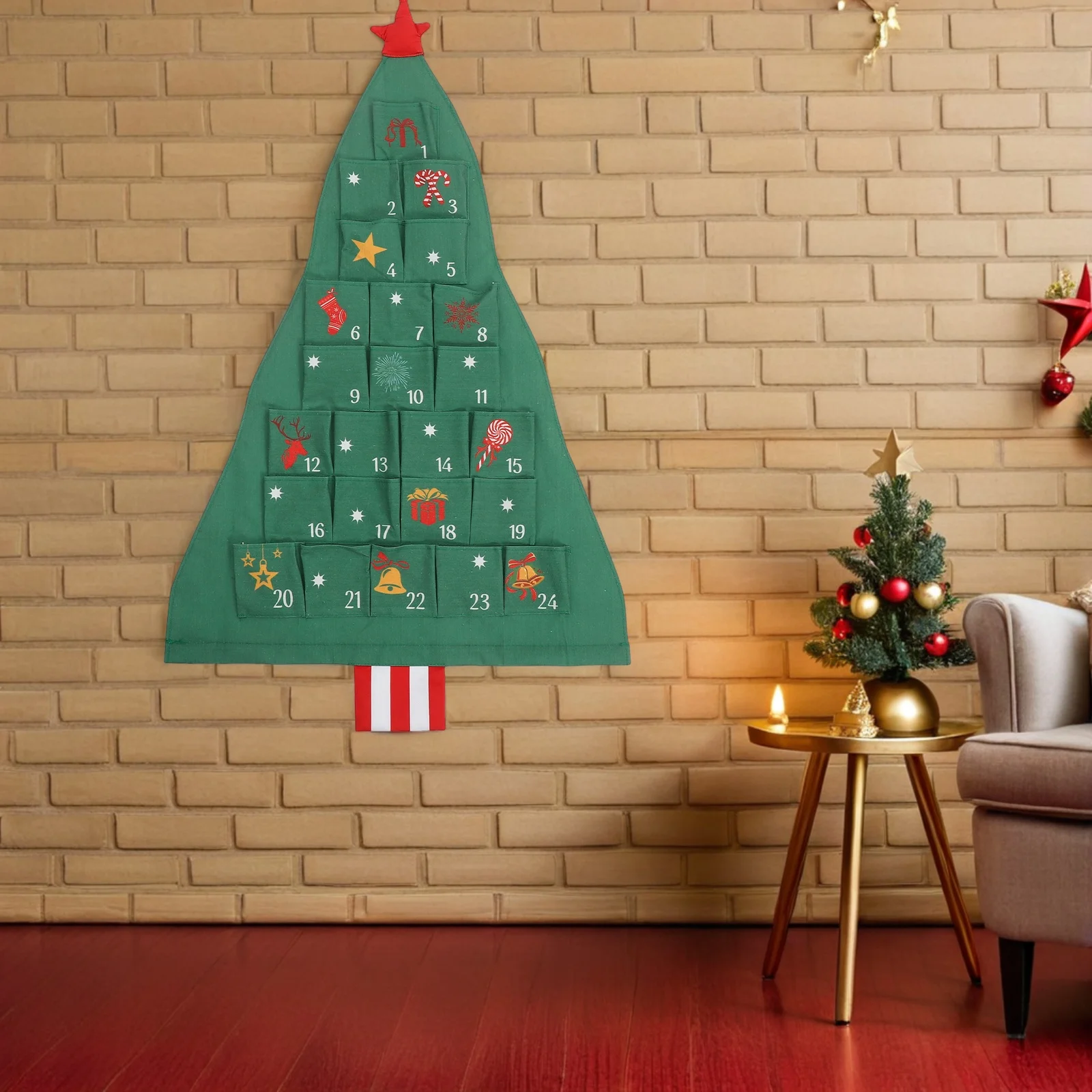 

1 set 1 Set Green 24 Days Christmas Advent Calendar With Pockets Wall Hanging Storage Bag For Holiday Decor Kids Advent Calendar