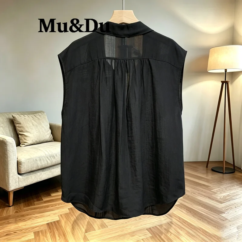 Casual Loose Linen Shirt Women's Fashion Translucent Sleeveless Collarless Breathable Comfortable Summer Thin Blouse Top