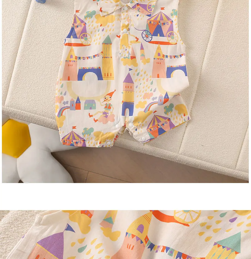 Sommerlicher ärmelloser Baby-Strampler mit Schloss- und Clown-Print, im Wald-Stil, mit breiten Trägern, für Kleinkinder, niedliche Babykleidung – Detail 6