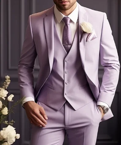 

New Light Purple Groom Groomsman Men Suit Wedding Party Formal Occasions Business Male Tuxedo 3 Piece Set Jacket Vest Pants