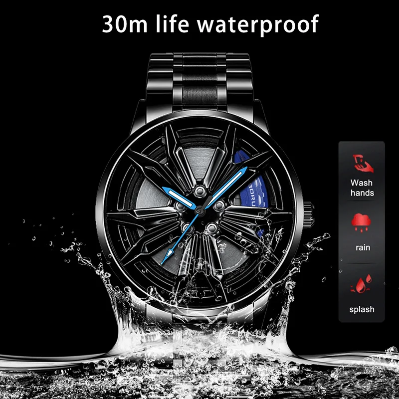 BORUSE 2024 Fashion Men\'s Car Wheel Watches for Men Sports Waterproof Quartz Wristwatch Stainless Steel Wheel Hub Watch