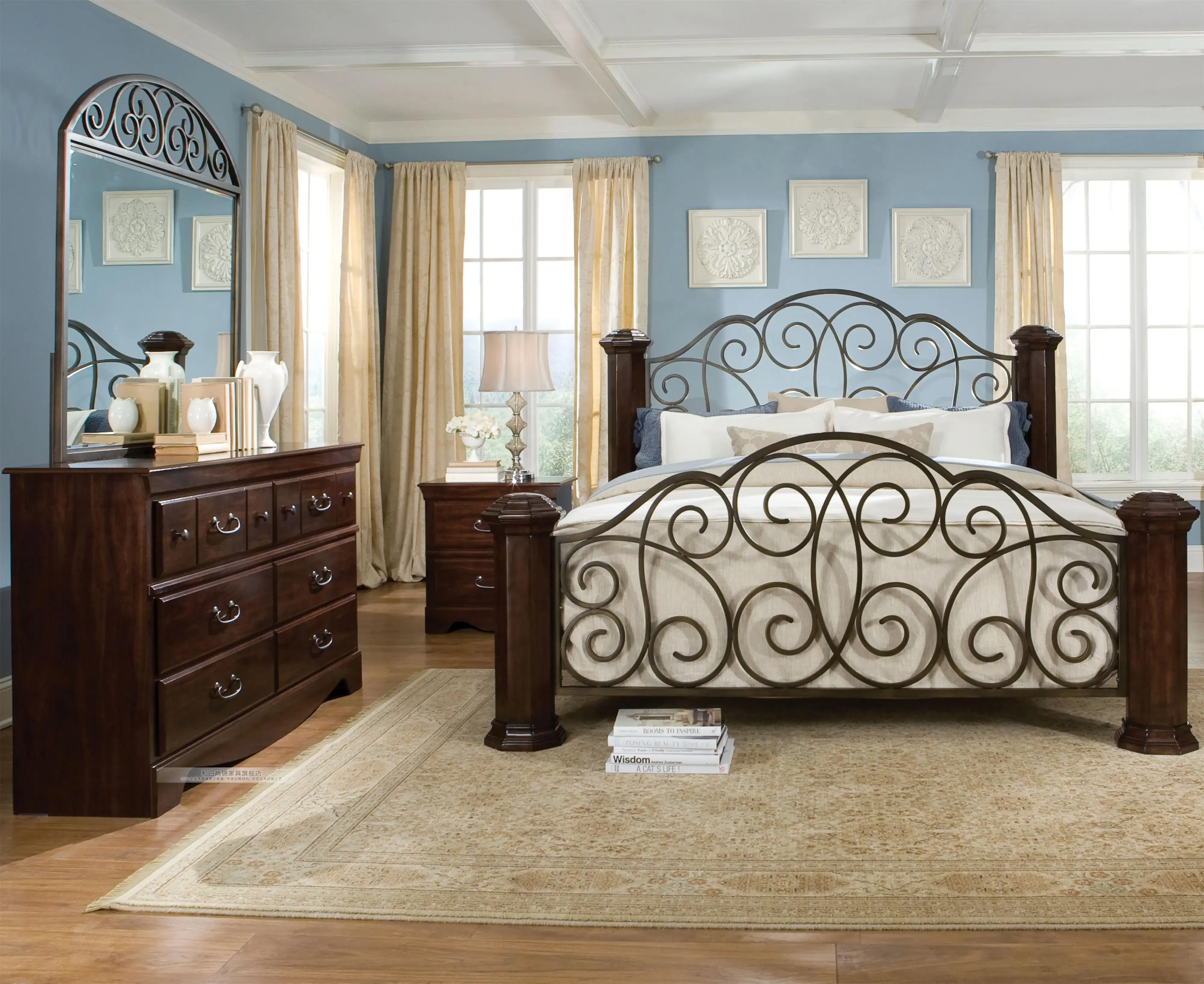 North American Black Walnut Double Bed American Full Solid Wood Iron Bed Iron Frame Bed Raw Wood