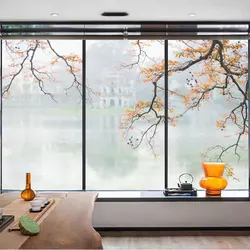 calm Lake View Pattern Glass Window Privacy Frosted Film Sun Blocking Glue-free Static Cling Glass Door Window Stained Film