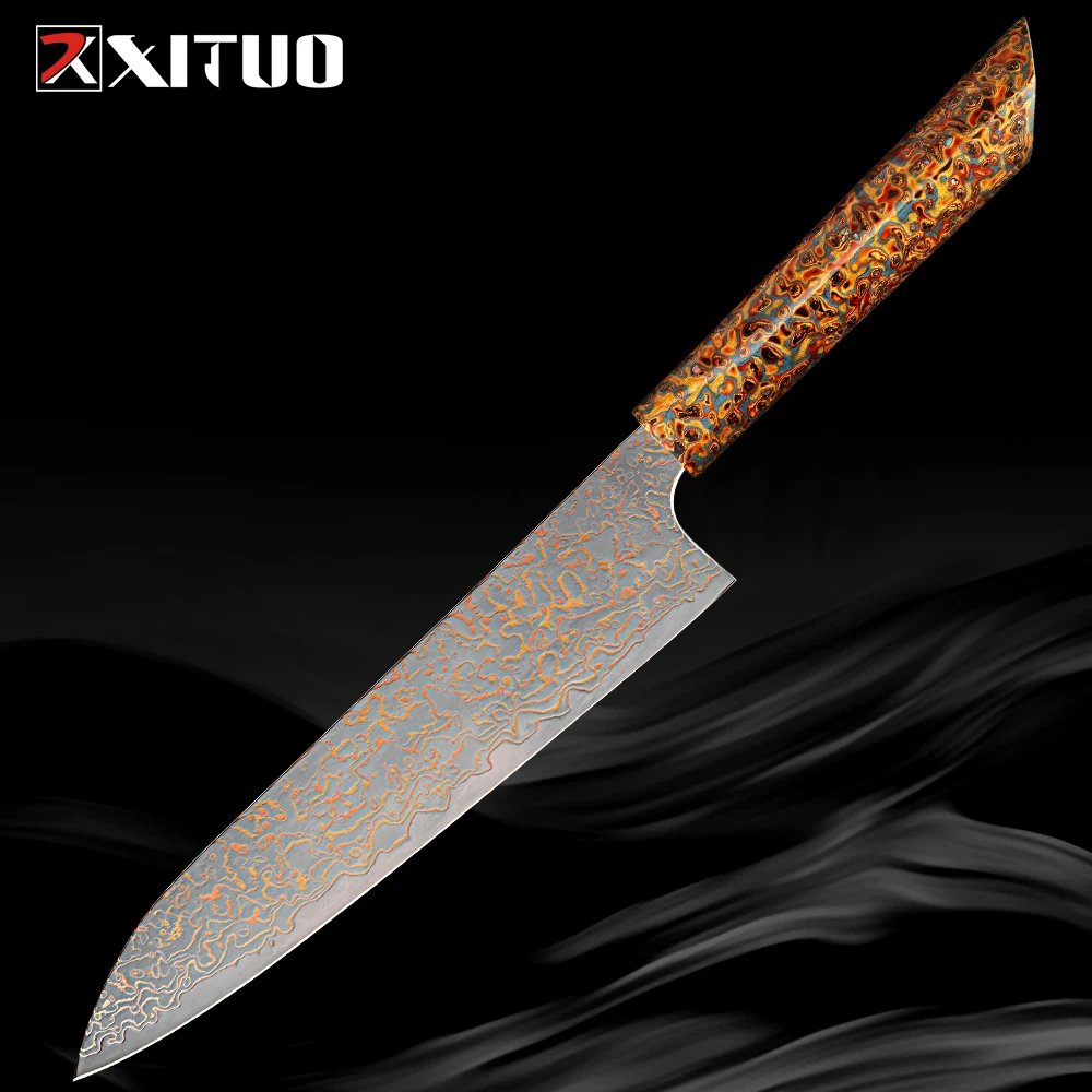 

New 33-ply two-color Copper Damascus Steel Kitchen Knife China Japan Traditional Lacquered Handle Sharp Slicing Meat Fish knife