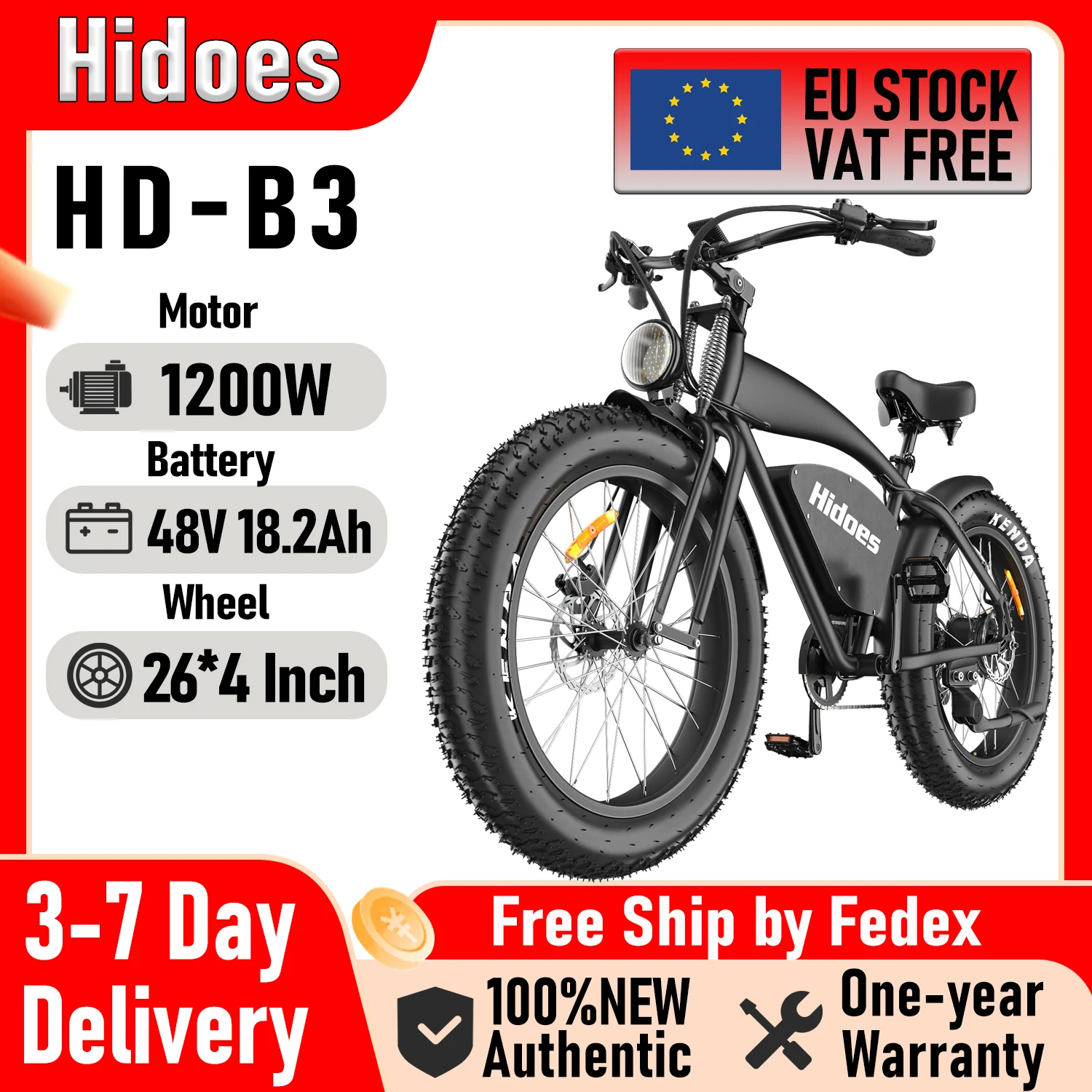 VTT électrique Hidoes B3 26*4.0 pouces pneus larges tout-terrain 1200W moteur sans brosse 60 Km/h vitesse maximale 48V 18.2Ah 50-60KM kilométrage