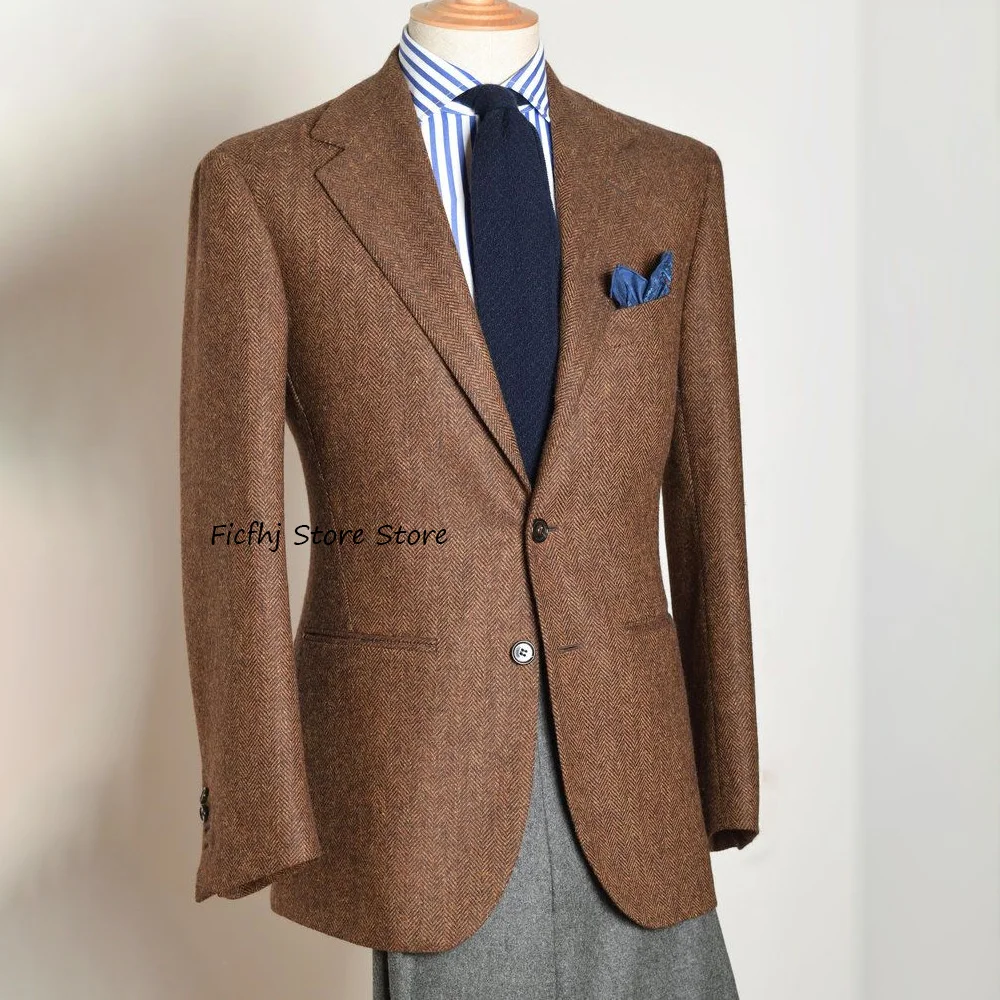 

Men's Social Coat Vintage Herringbone Fabric Man Jackets High Quality Notch Lapel Single-breasted Business Casual Fashion Suit