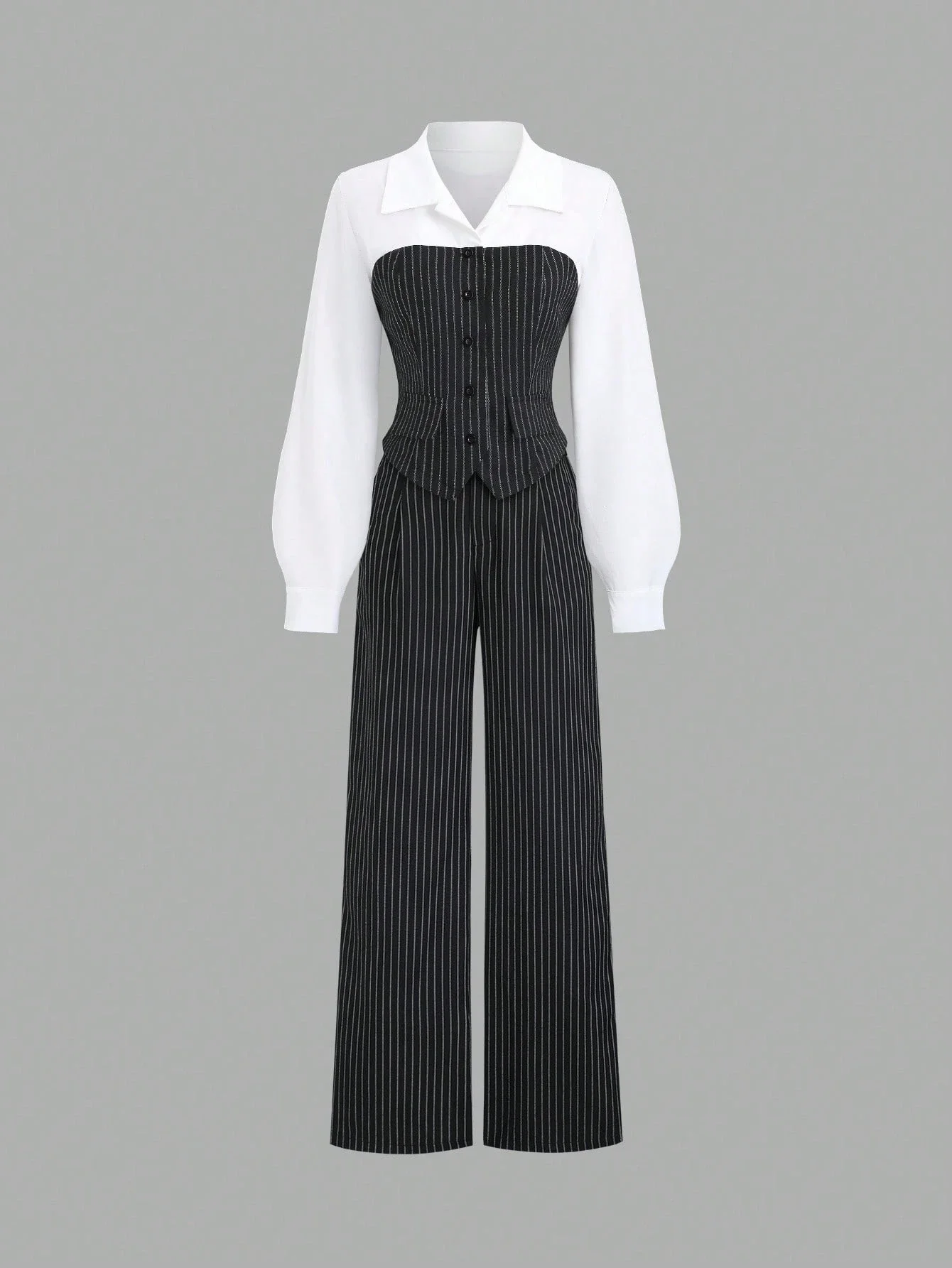 

Women's Striped Patchwork Blouse And Wide Leg Pants Suit Office Elegant Vintage Casual