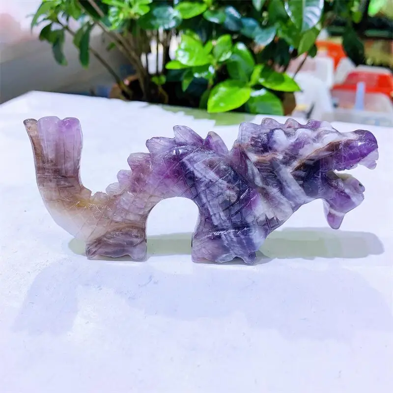 

13cm Natural Dream Amethyst Chinese Dragon Polished Carving Healing Crystal Gift Home Feng Shui Decoration 1pcs