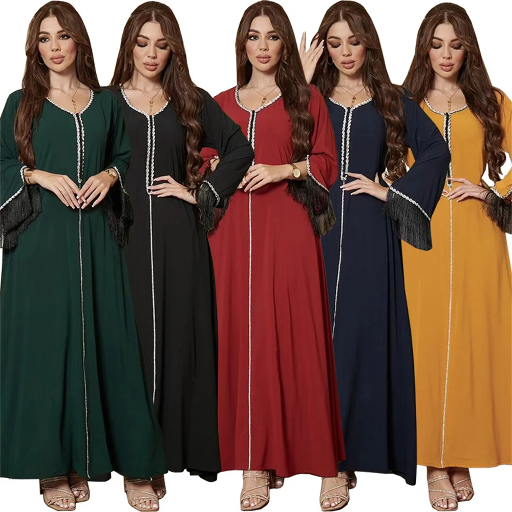 

Muslim Women Dress Caftan Tassel Diamond Abaya V Neck Long Sleeve Loose Arab Dubai Caftan