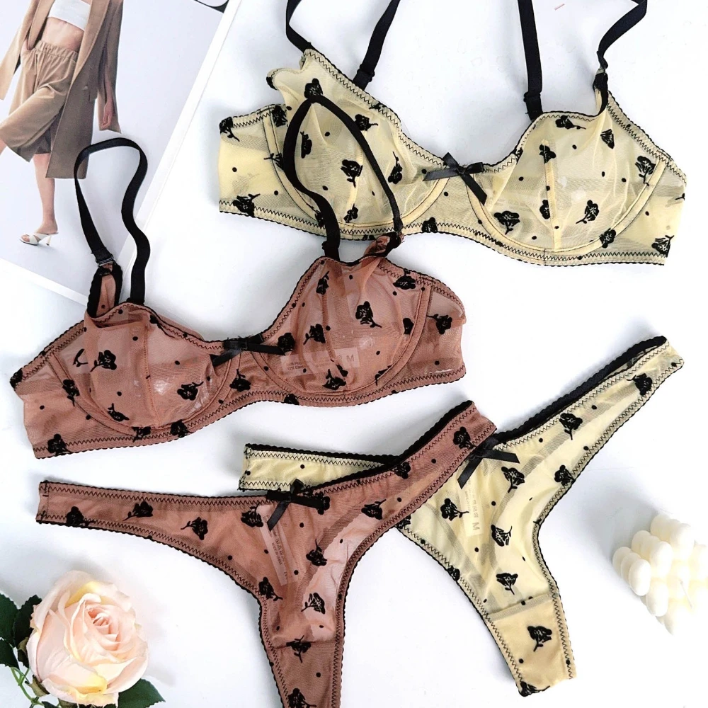 French Ultra Thin Women Underwear Set Sexy Flocking Push Up Bra Summer Ladies 6 Color Mesh Breathable Lingerie and Thong Sets