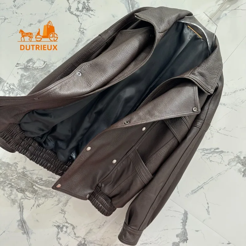 Winter Two-color Optional Double-breasted Motorcycle Jacket for Men and Women, 100% Genuine Sheepskin Versatile Temperament Coat