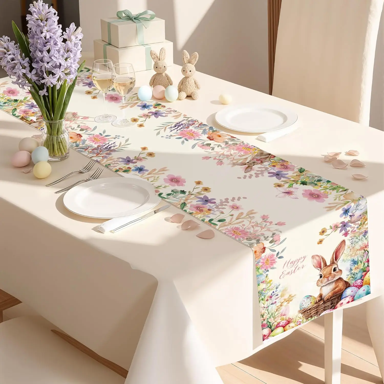 

Пасхальный льняной скатерть-дорожка с рисунком «Пасхальный кролик», декор для стола, весенний акварельный узор «Лесные цветы», пасхальные украшения
