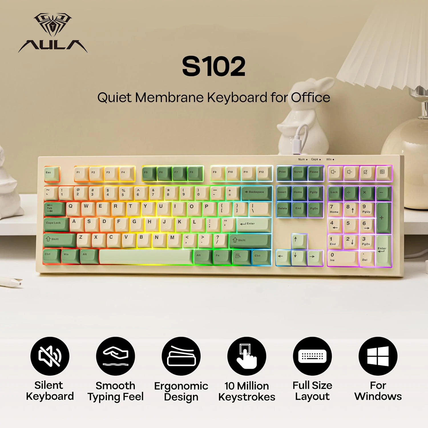 AULA S102 100% Full Size Layout Membrane Gaming Keyboard Wired Ergonomic Design RGB Backlight Silent Keyboard for Office Typing