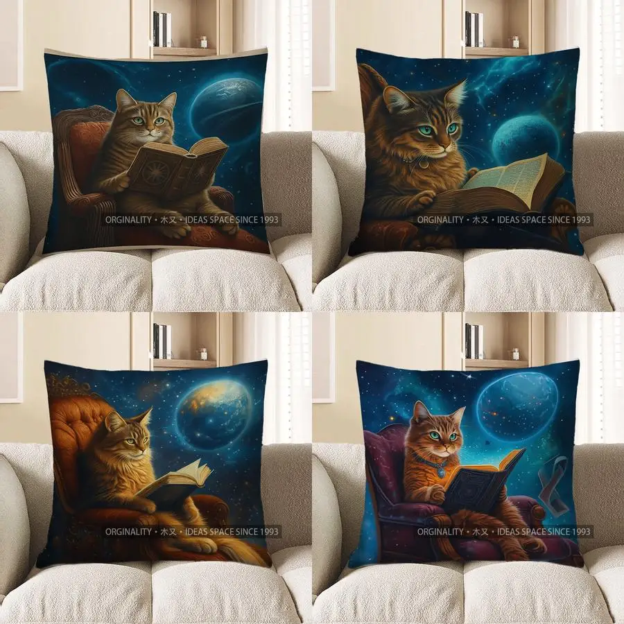 

Домашний декор, книга для чтения с изображением кота против космической планеты, фоновый узор, чехол для подушки, подходит для дивана, спальни, автомобиля, наволочка