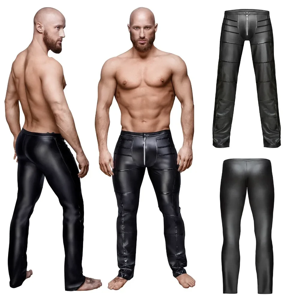 Black Mens Faux Leather Zipper Crotch Tight Pants Legging Trousers Clubwear Pants For Men Slim Fit Costumes Party Clothes