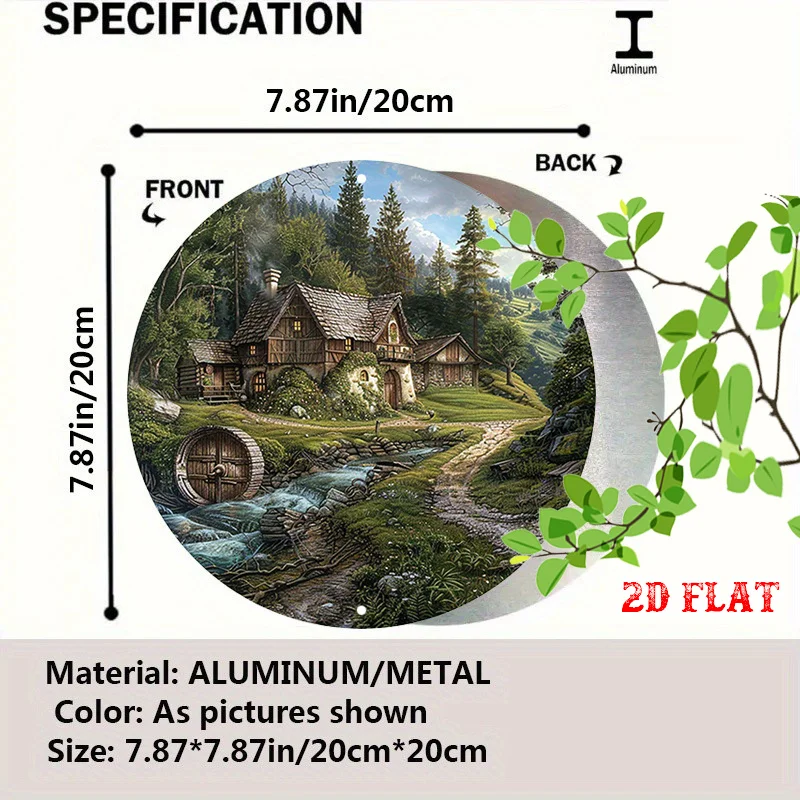 2D Flat - One-Piece Round Wall Decoration Featuring a Cottage Design, Made of with Forest And Stream Motifs, Suitable for Both I