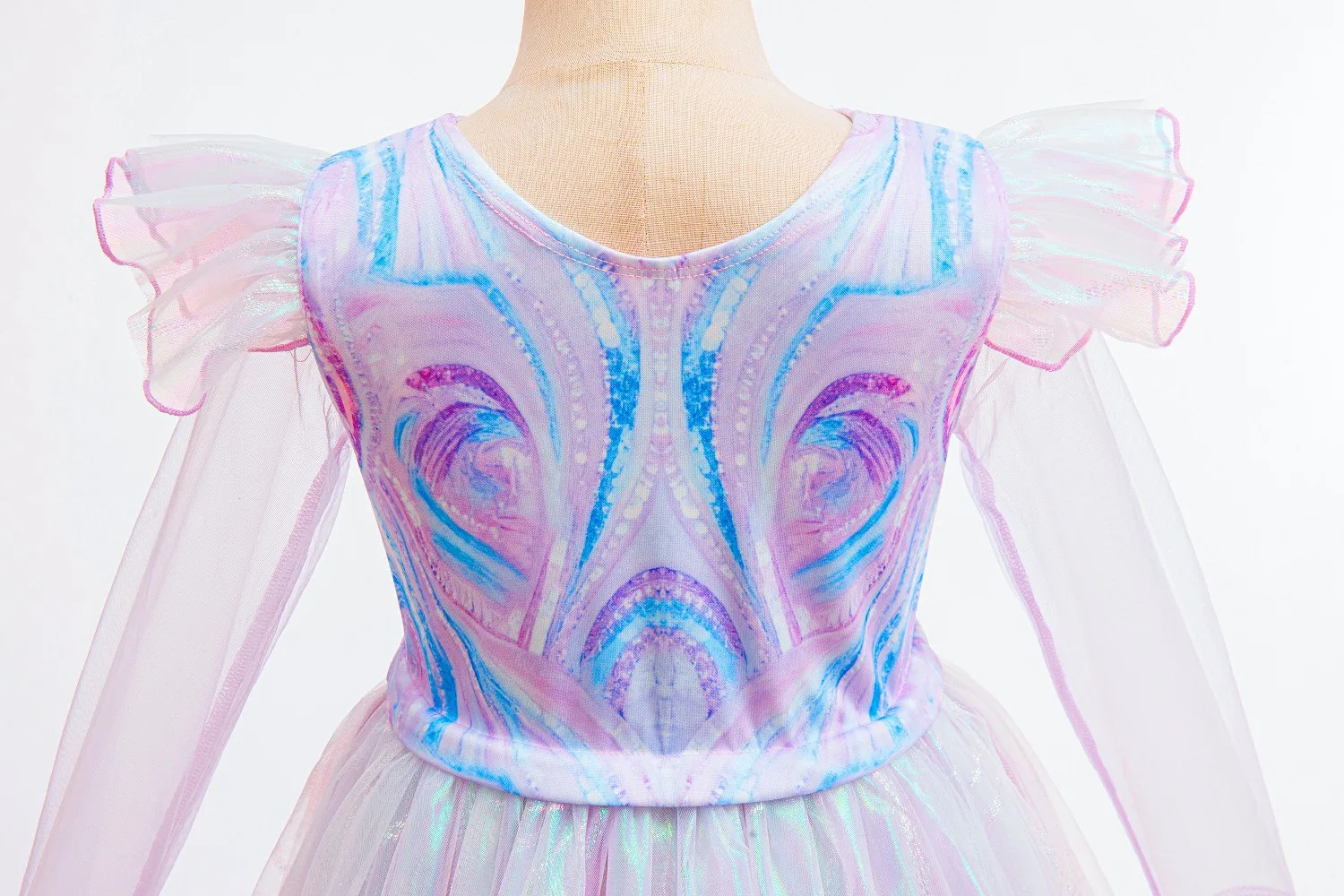 Glänzendes Tüll-Prinzessinnenkleid für Mädchen, langes, transparentes Netzkleid mit Rüschenärmeln für Geburtstag, Halloween-Party, Cosplay – Detail 7