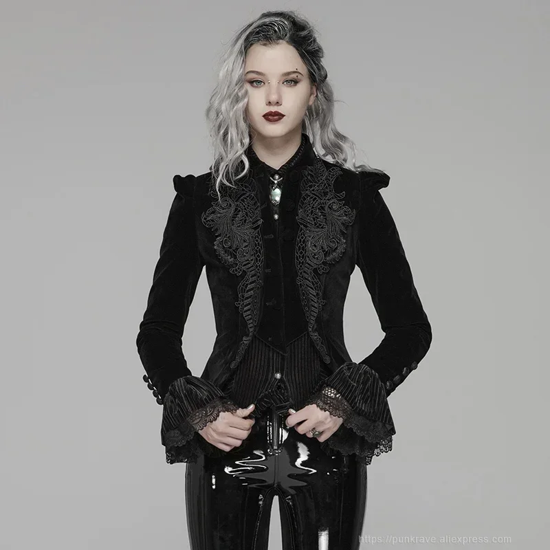

PUNK RAVE Women's Gothic Weft Velvet Black Short Coat Lolita Lace Decoration Long Puff Sleeves Party Club Jacket Autumn Winter