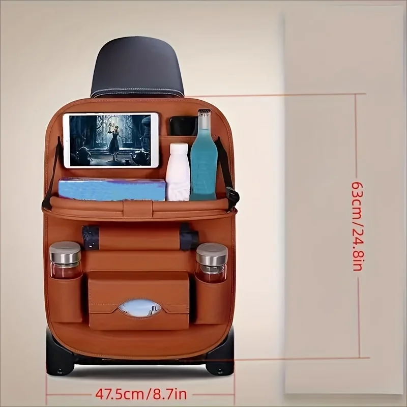 Deluxe Car Backseat Organizer With Foldable Table, Kick Mats, Tissue Box & More - Pu Leather