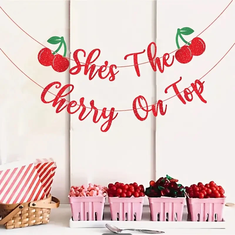 �She's the Cherry on Top“-Brautparty-Banner mit Kirschmotiv, Kirschmotiv, Junggesellenabschied, Dekorationen, Kirsch-Geburtstagsparty-Banner – Detail 1